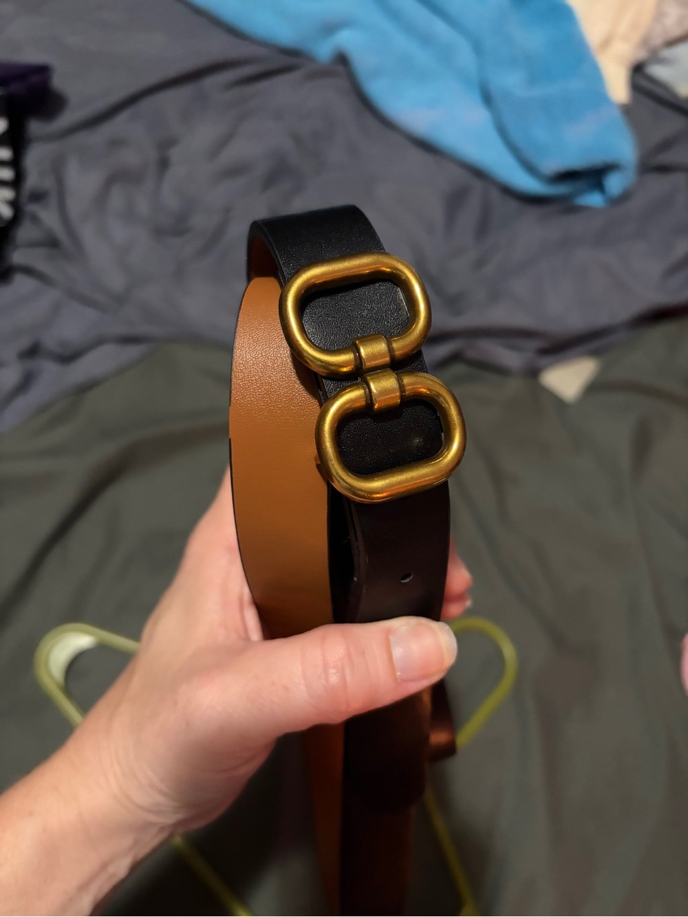 Reversible Black & Brown Leather Belt with Brass Double-Ring Buckle